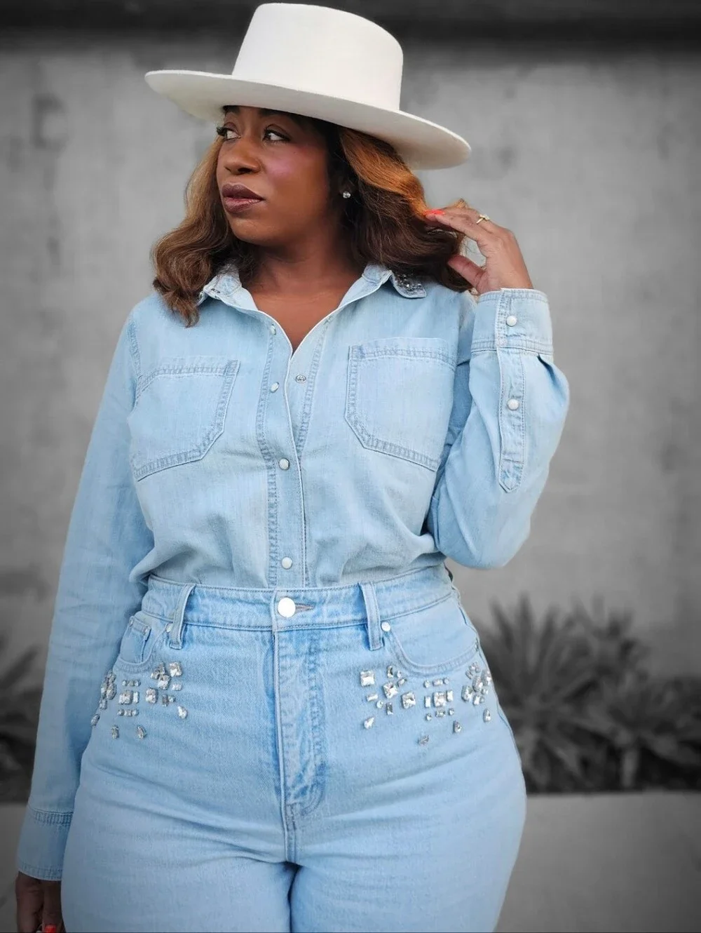 MACY'S: ON 34th Embellished-Collar Denim Shirt & Embellished Barrel-Leg Jean